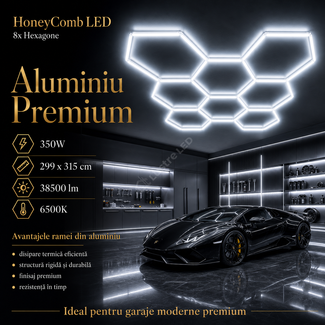 HoneyComb LED 8x Hexagone Aluminiu Premium 350W, 299x315cm, 38500lm, 6500K