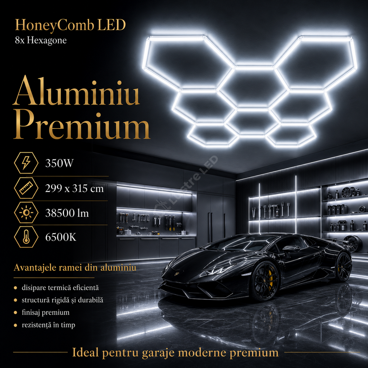 HoneyComb LED 8x Hexagone Aluminiu Premium 350W, 299x315cm, 38500lm, 6500K