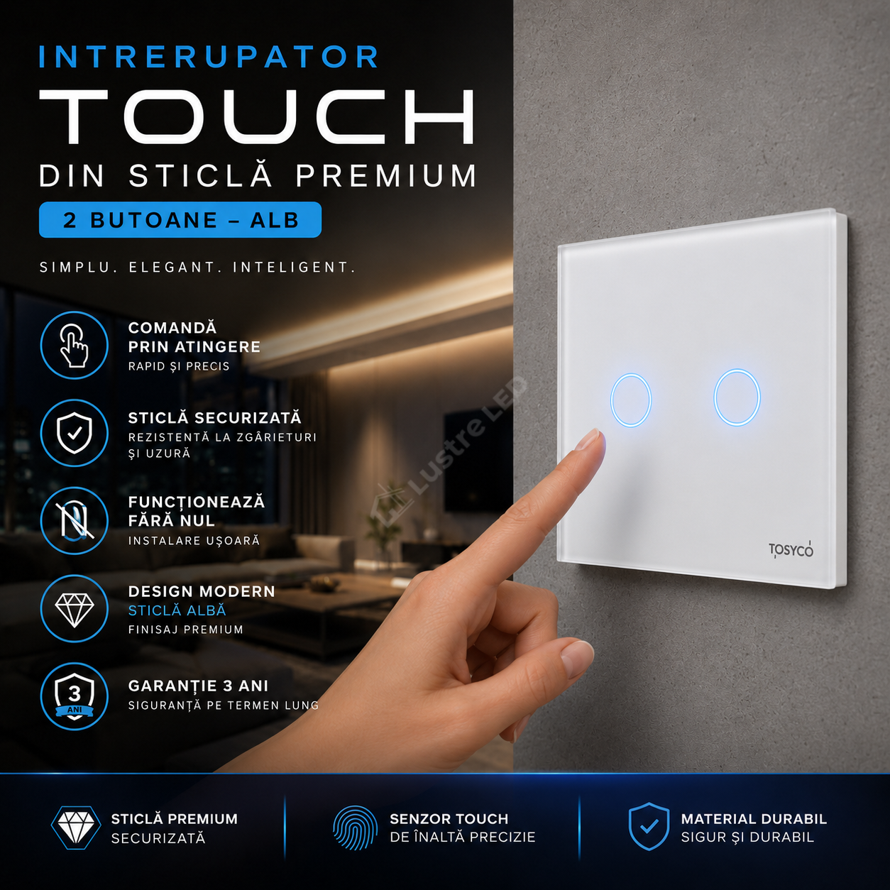 Intrerupator Alb cu Touch din Sticla 2 Butoane Premium