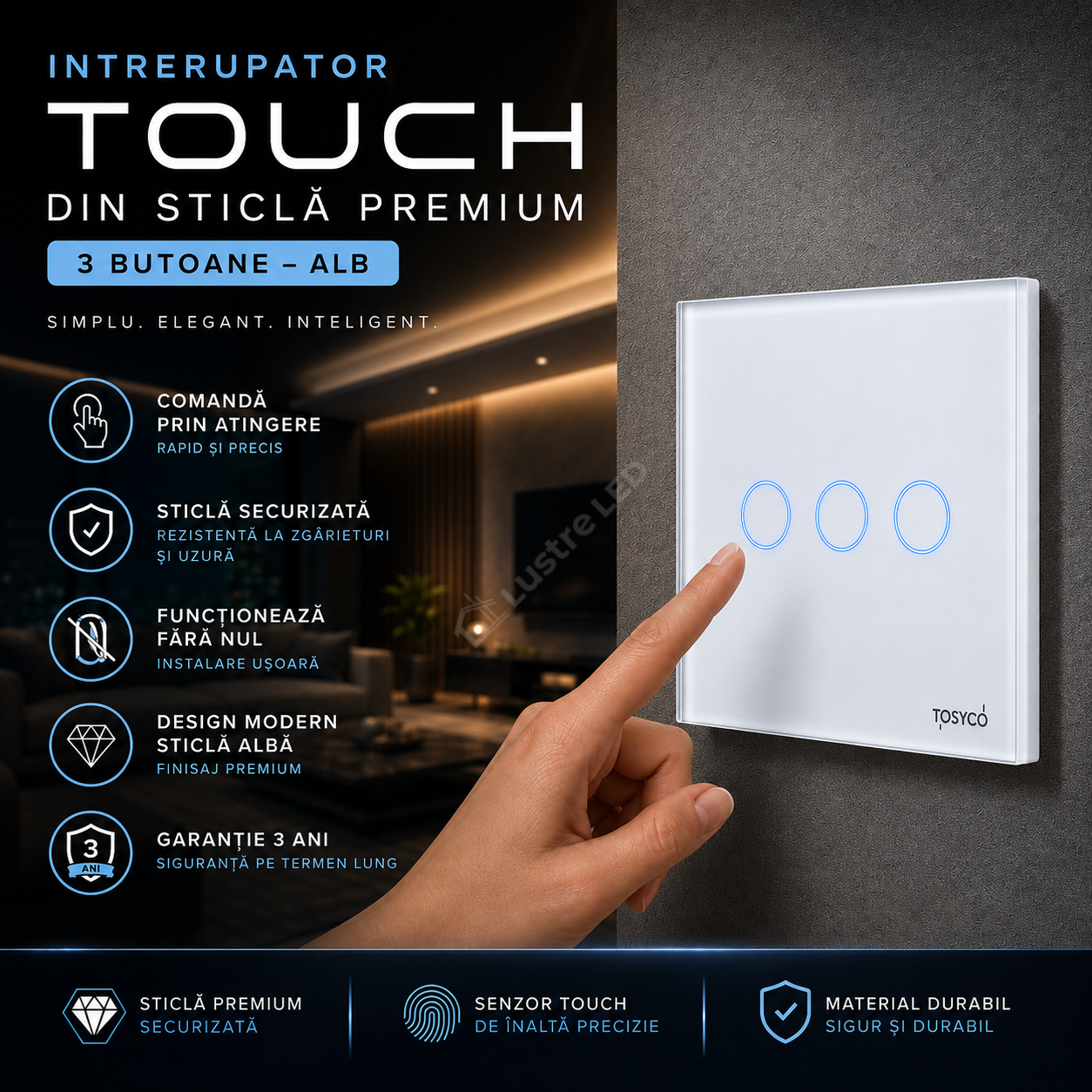Intrerupator Alb cu Touch din Sticla 3 Butoane Premium