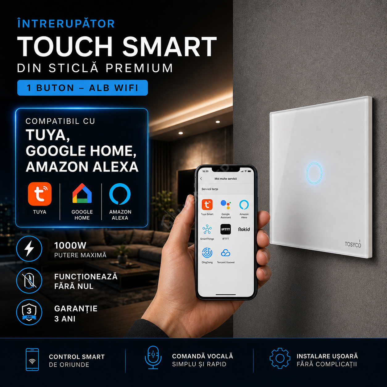 Intrerupator Alb WIFI SMART cu Touch din Sticla 1 Buton Premium Fara NUL