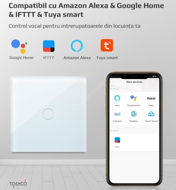 Intrerupator Alb WIFI SMART cu Touch din Sticla 1 Buton Premium Fara NUL