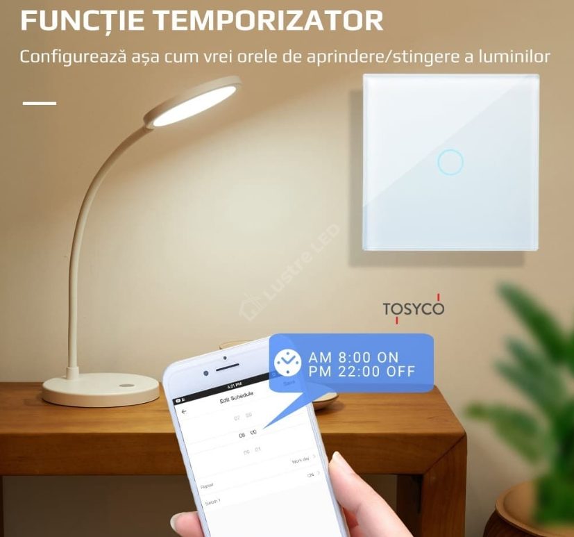 Intrerupator Alb WIFI SMART cu Touch din Sticla 1 Buton Premium Fara NUL