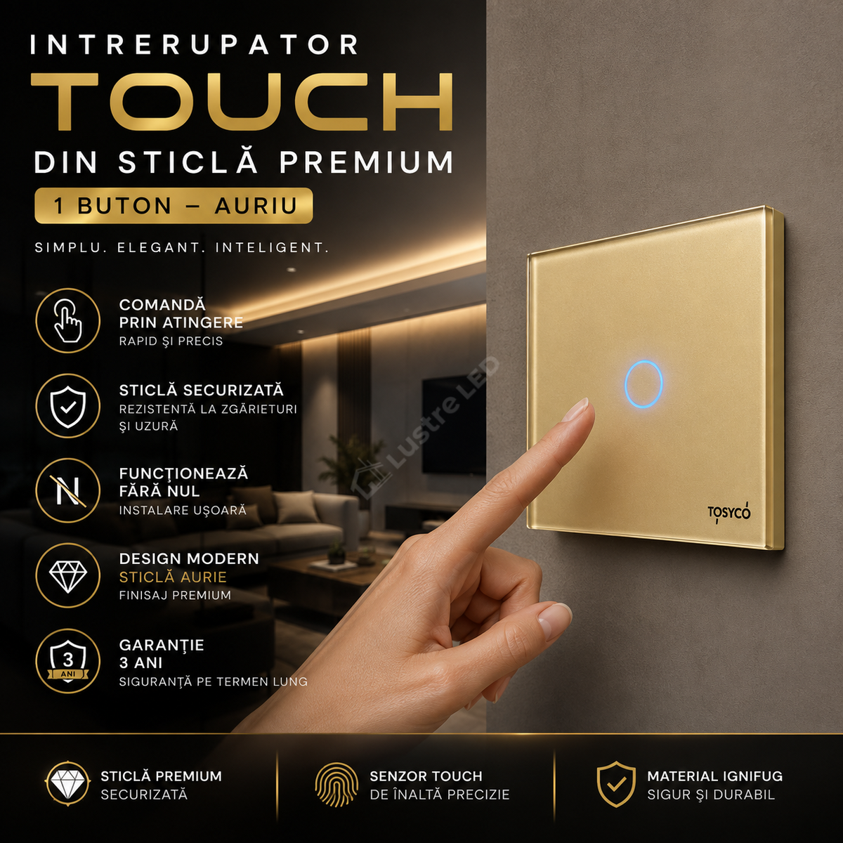 Intrerupator Auriu cu Touch din Sticla 1 Buton Premium