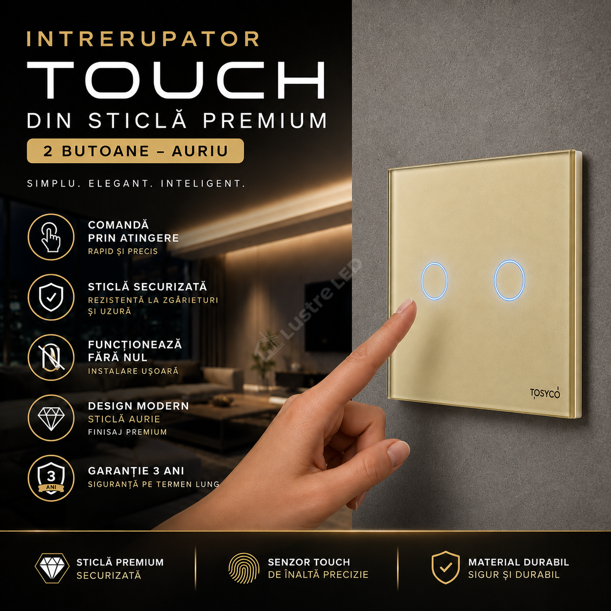 Intrerupator Auriu cu Touch din Sticla 2 Butoane Premium