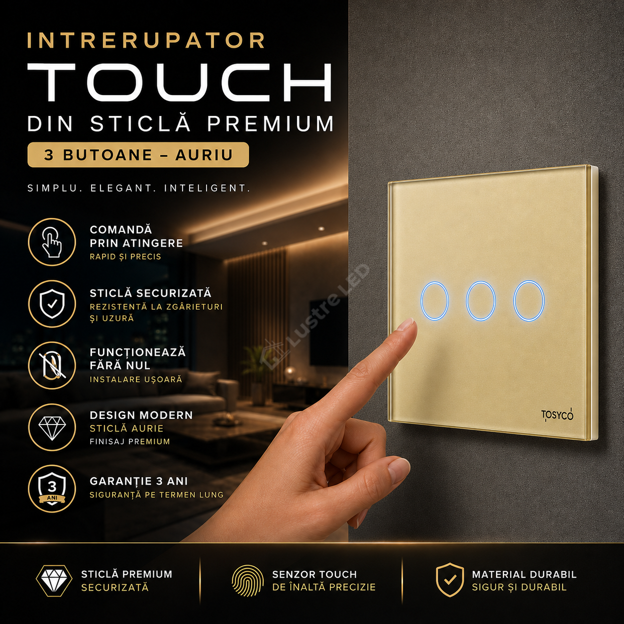 Intrerupator Auriu cu Touch din Sticla 3 Butoane Premium