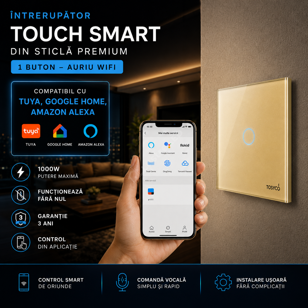 Intrerupator Auriu WIFI SMART cu Touch din Sticla 1 Buton Premium Fara NUL