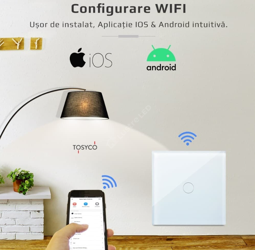Intrerupator Auriu WIFI SMART cu Touch din Sticla 1 Buton Premium Fara NUL