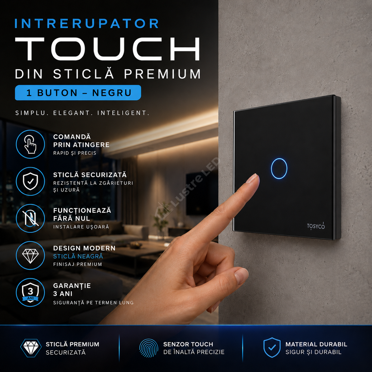 Intrerupator Negru cu Touch din Sticla 1 Buton Premium