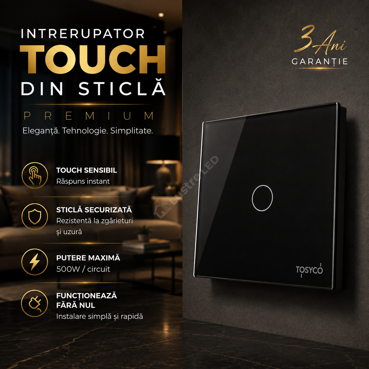 Intrerupator Negru cu Touch din Sticla 1 Buton Premium