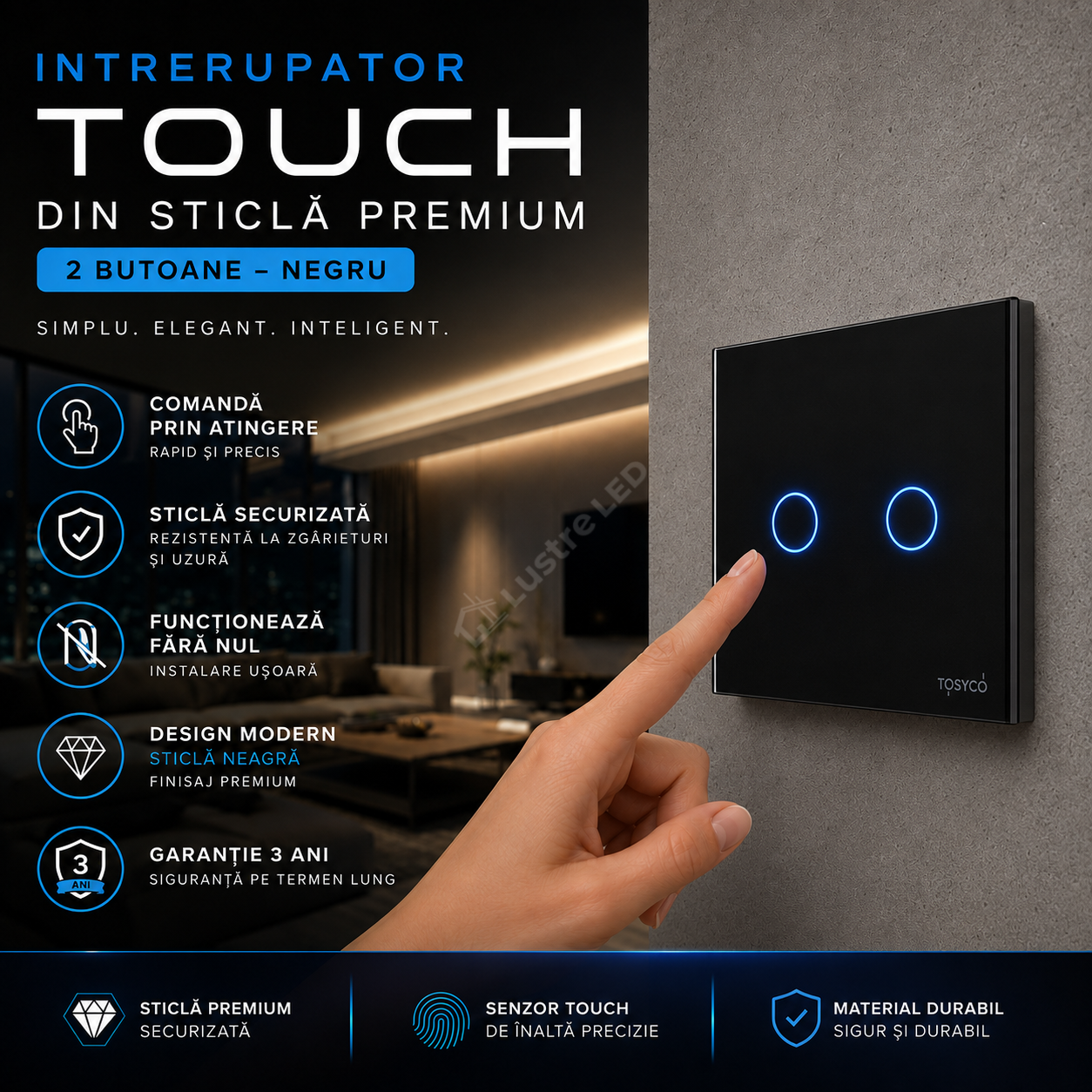 Intrerupator Negru cu Touch din Sticla 2 Butoane Premium