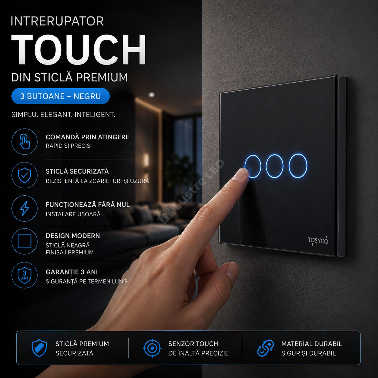 Intrerupator Negru cu Touch din Sticla 3 Butoane Premium