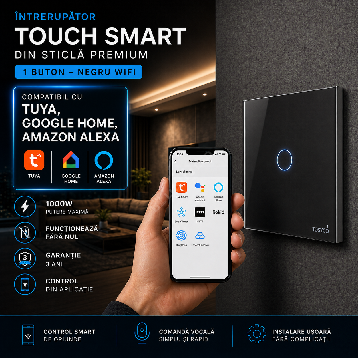 Intrerupator Negru WIFI SMART cu Touch din Sticla 1 Buton Premium Fara NUL