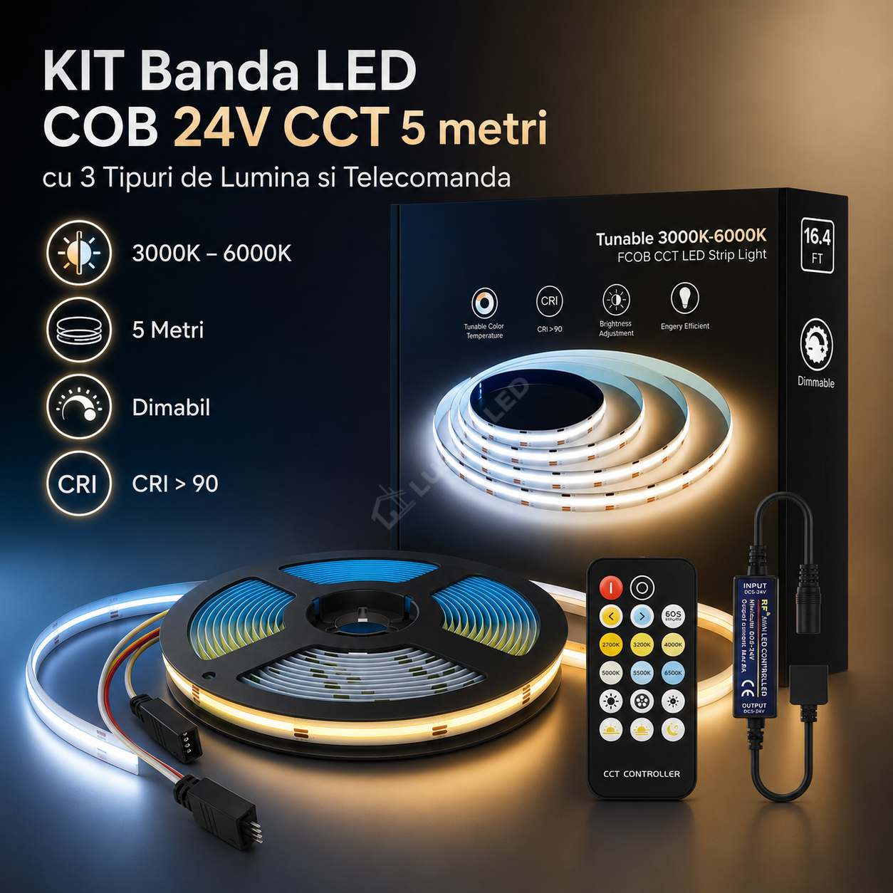KIT Banda LED COB 24V CCT 5 metri cu 3 Tipuri de Lumina si Telecomanda