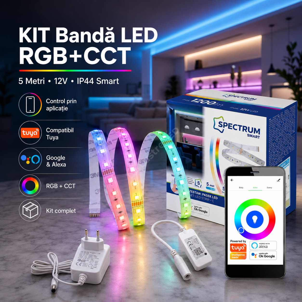 KIT Banda LED RGB+CCT 5 Metri 12V IP44 Smart - Tuya Google Alexa