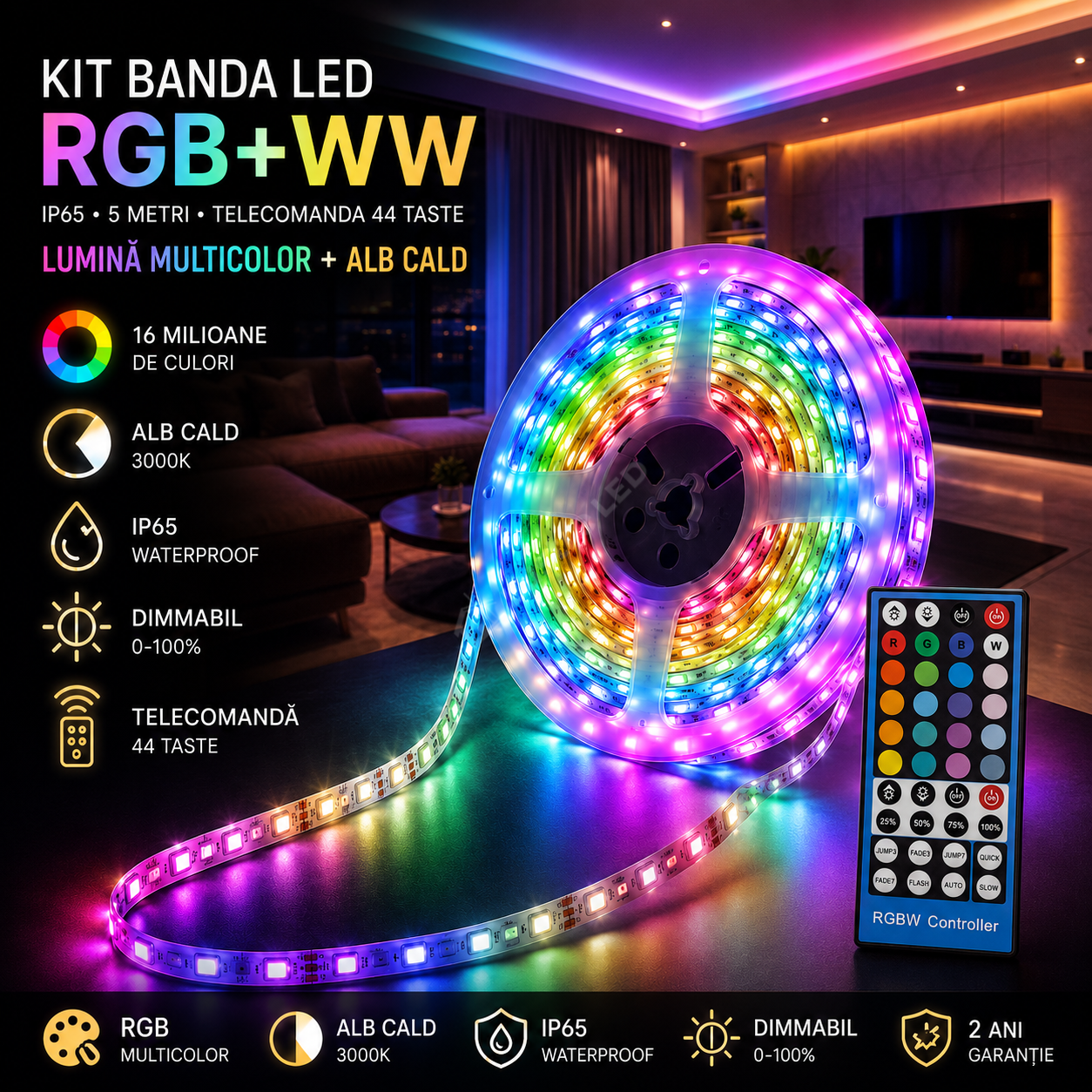 Kit Banda LED RGB+WW IP65 5 metri Telecomanda 44 Taste IR