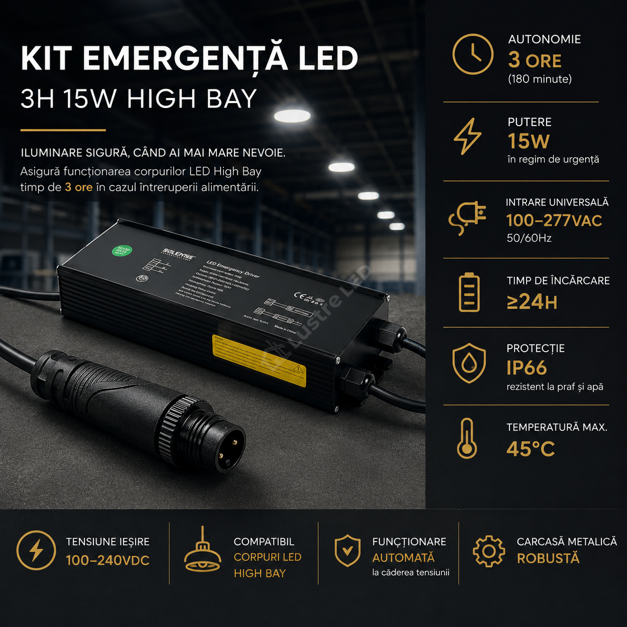 Kit Emergenta LED 3H 15W High Bay IP66 SOLENTIS