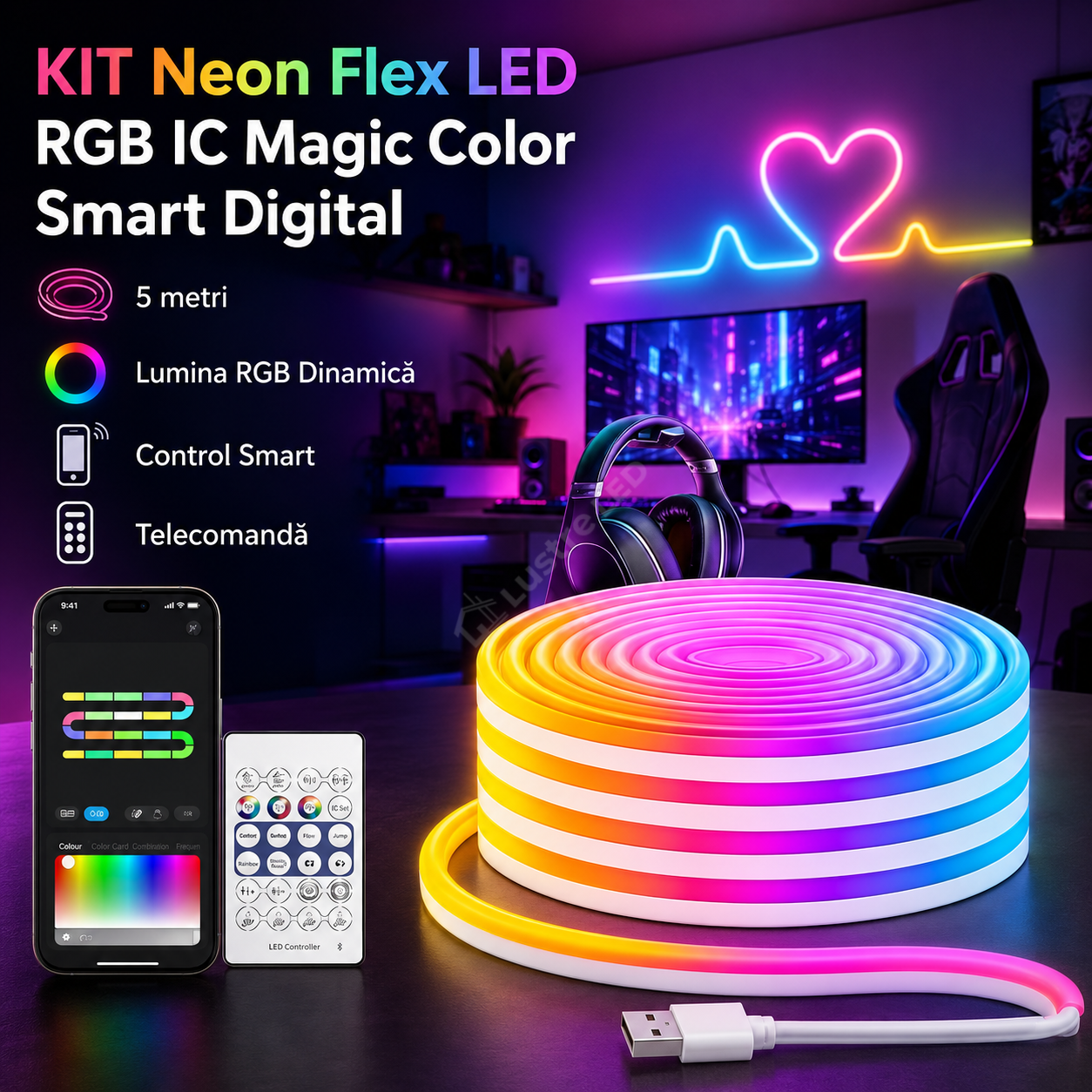 KIT Neon Flex LED RGB IC Smart Digital 5 metri Telecomanda