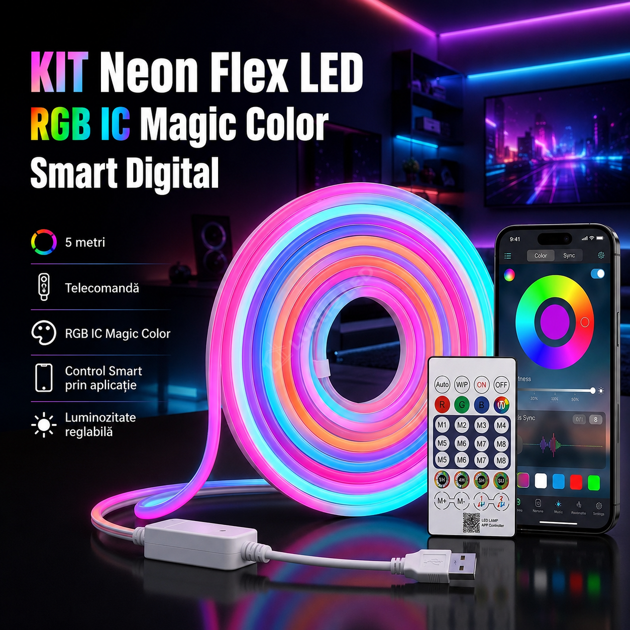 KIT Neon Flex LED RGB IC Smart Digital 5 metri Telecomanda