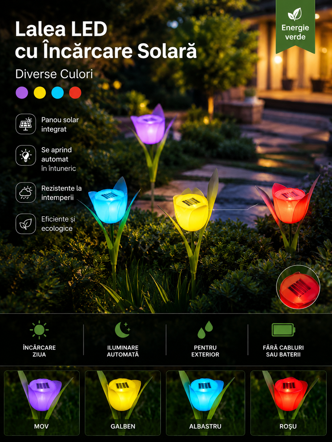 Lalea LED cu Incarcare Solara - Diverse Culori