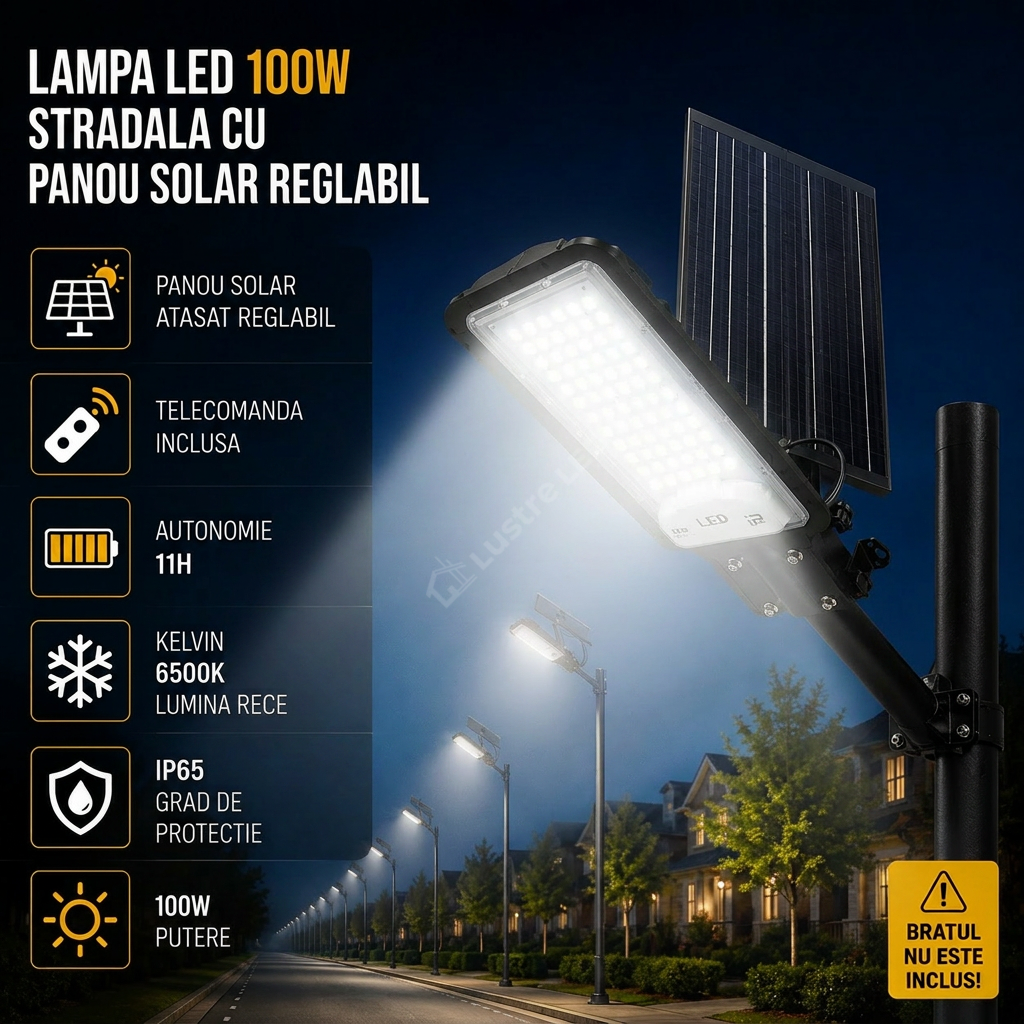 Lampa LED 100W Solara cu Panou Reglabil si Telecomanda 6500K