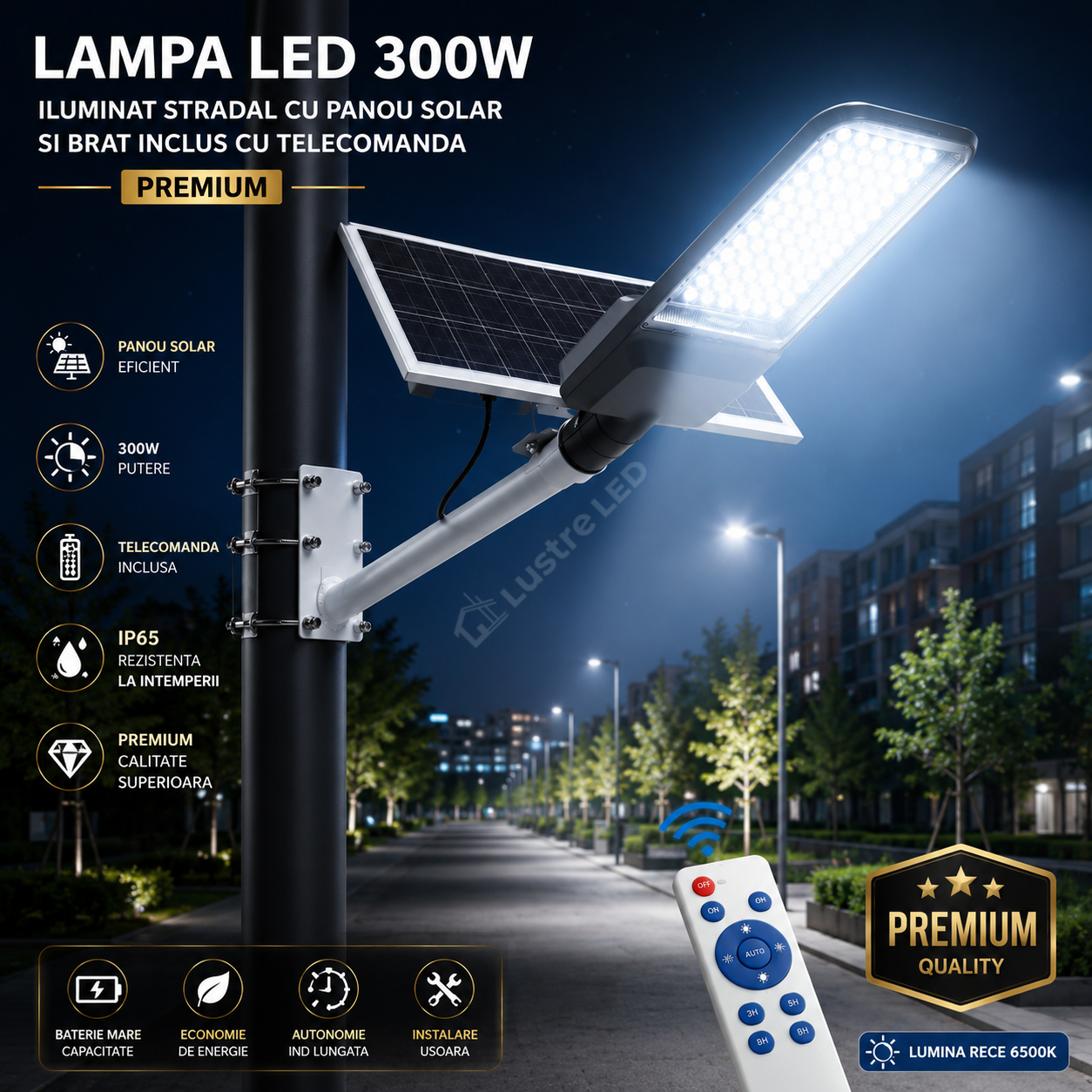 Lampa LED 300W Iluminat Stradal Cu Panou Solar Si Brat Inclus cu Telecomanda Premium