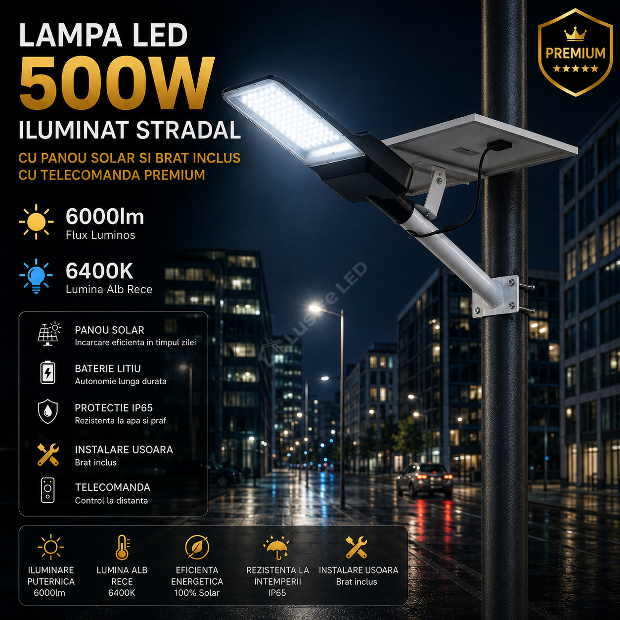 Lampa LED 500W Iluminat Stradal Cu Panou Solar Si Brat Inclus cu Telecomanda Premium
