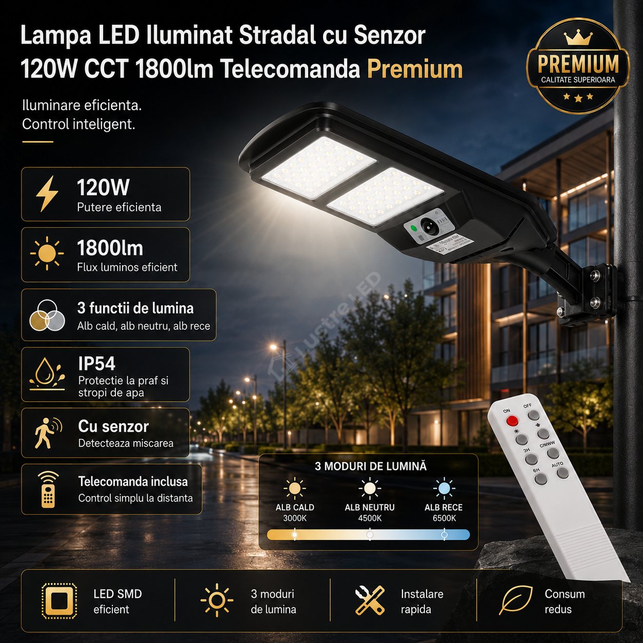Lampa LED Iluminat Stradal cu Senzor 120W CCT 1800lm Telecomanda Premium