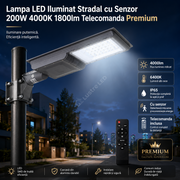 Lampa LED Iluminat Stradal cu Senzor 200W 4000K 1800lm Telecomanda Premium
