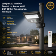 Lampa LED Iluminat Stradal cu Senzor 40W CCT 600lm Telecomanda Premium
