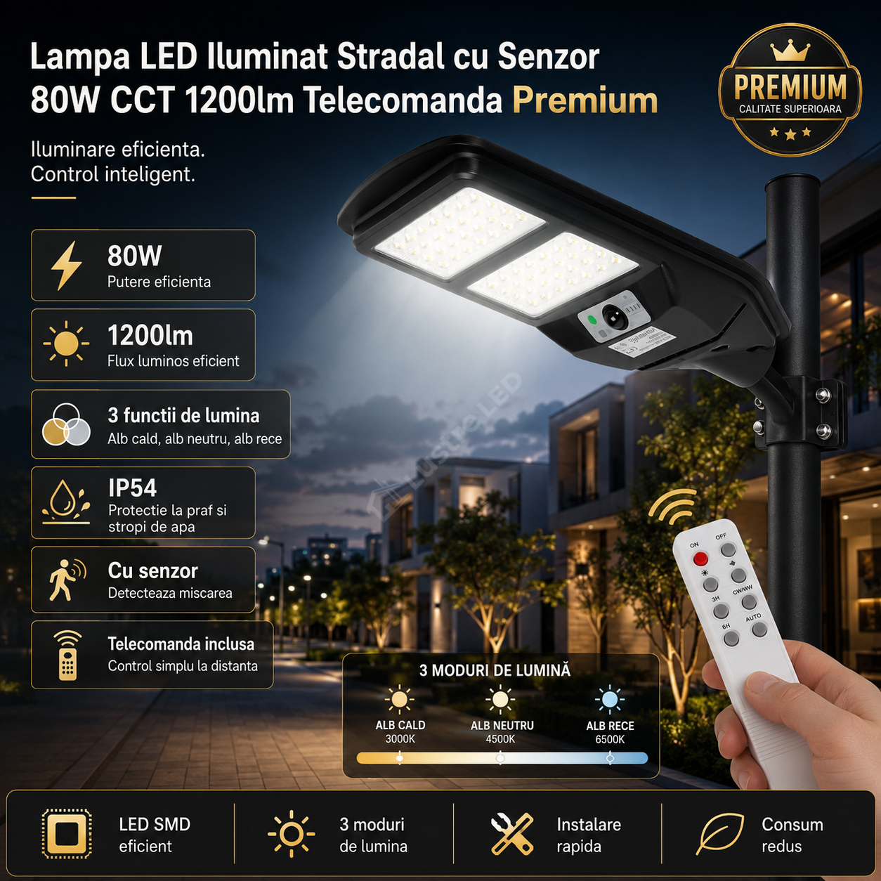Lampa LED Iluminat Stradal cu Senzor 80W CCT 1200lm Telecomanda Premium