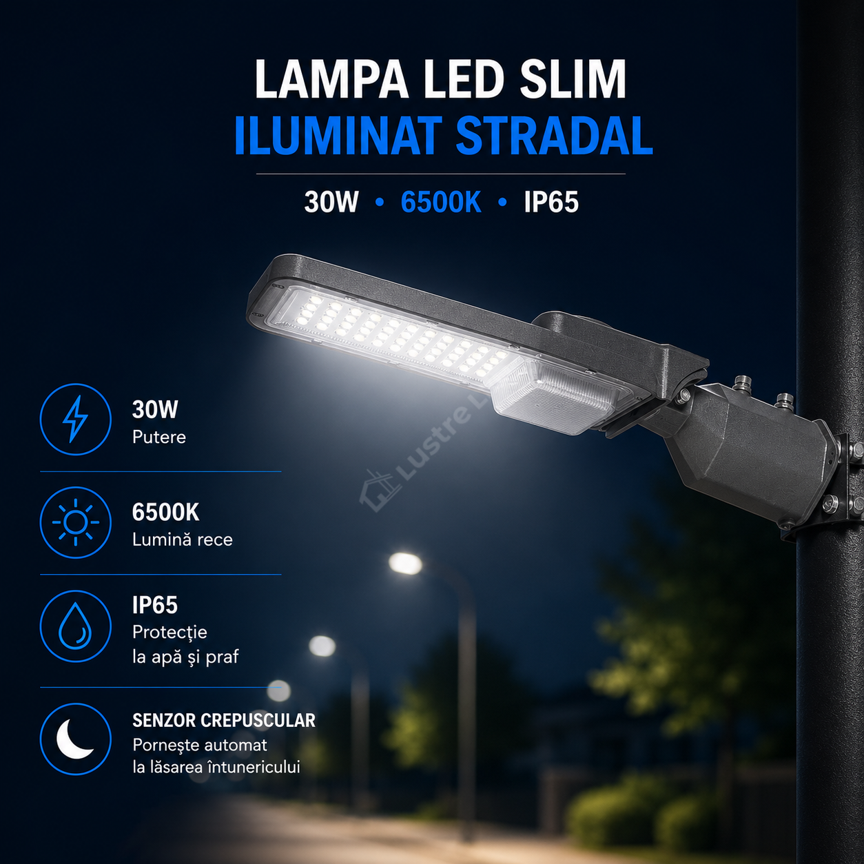 Lampa LED SLIM 30W Iluminat Stradal 6500K IP65 cu Senzor Crepuscular