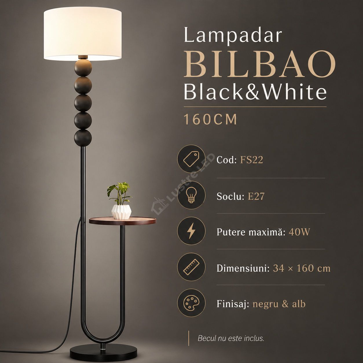 Lampadar BILBAO Black&White Cu Masuta 160CM