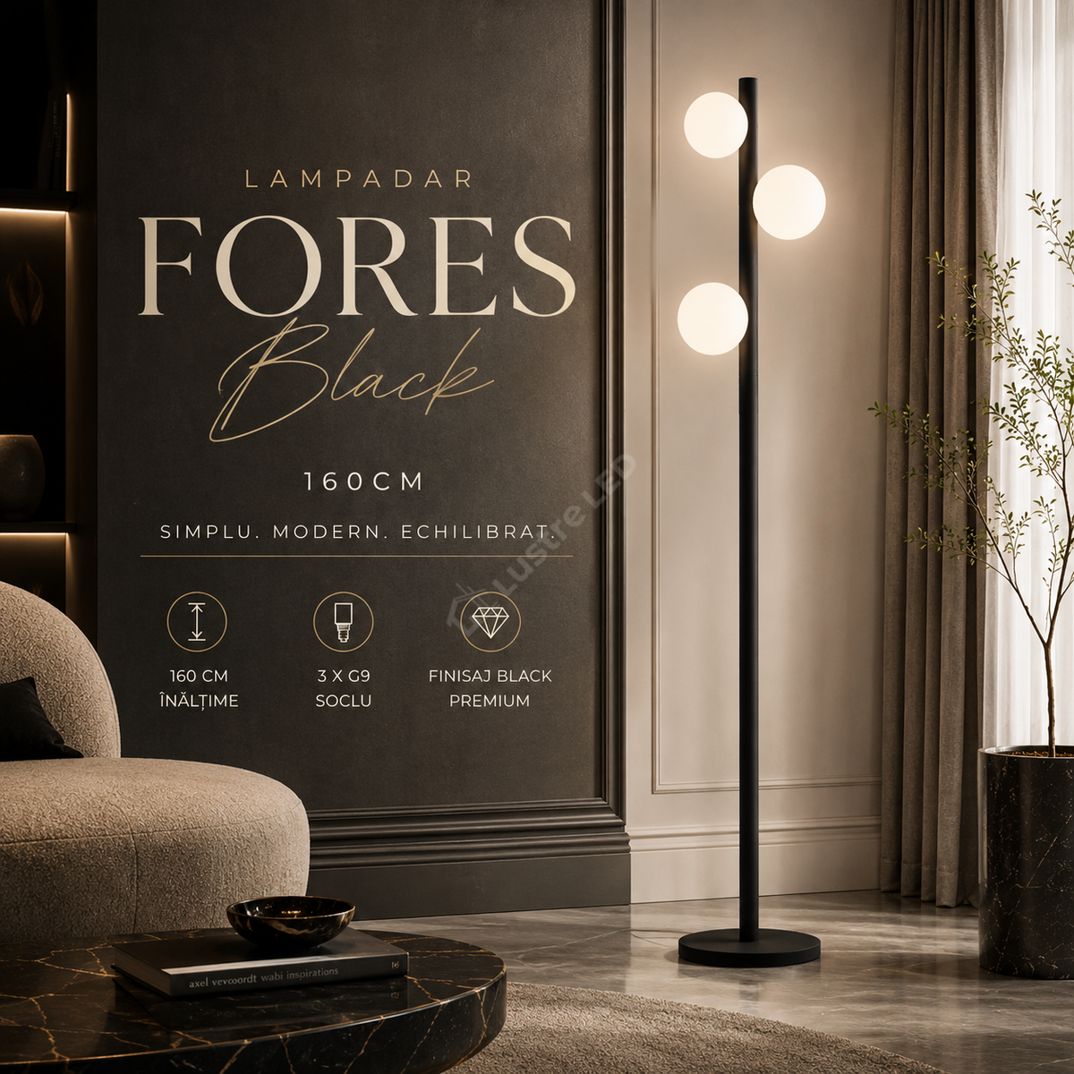 Lampadar FORES Black cu Abajur 3 Globuri 160CM