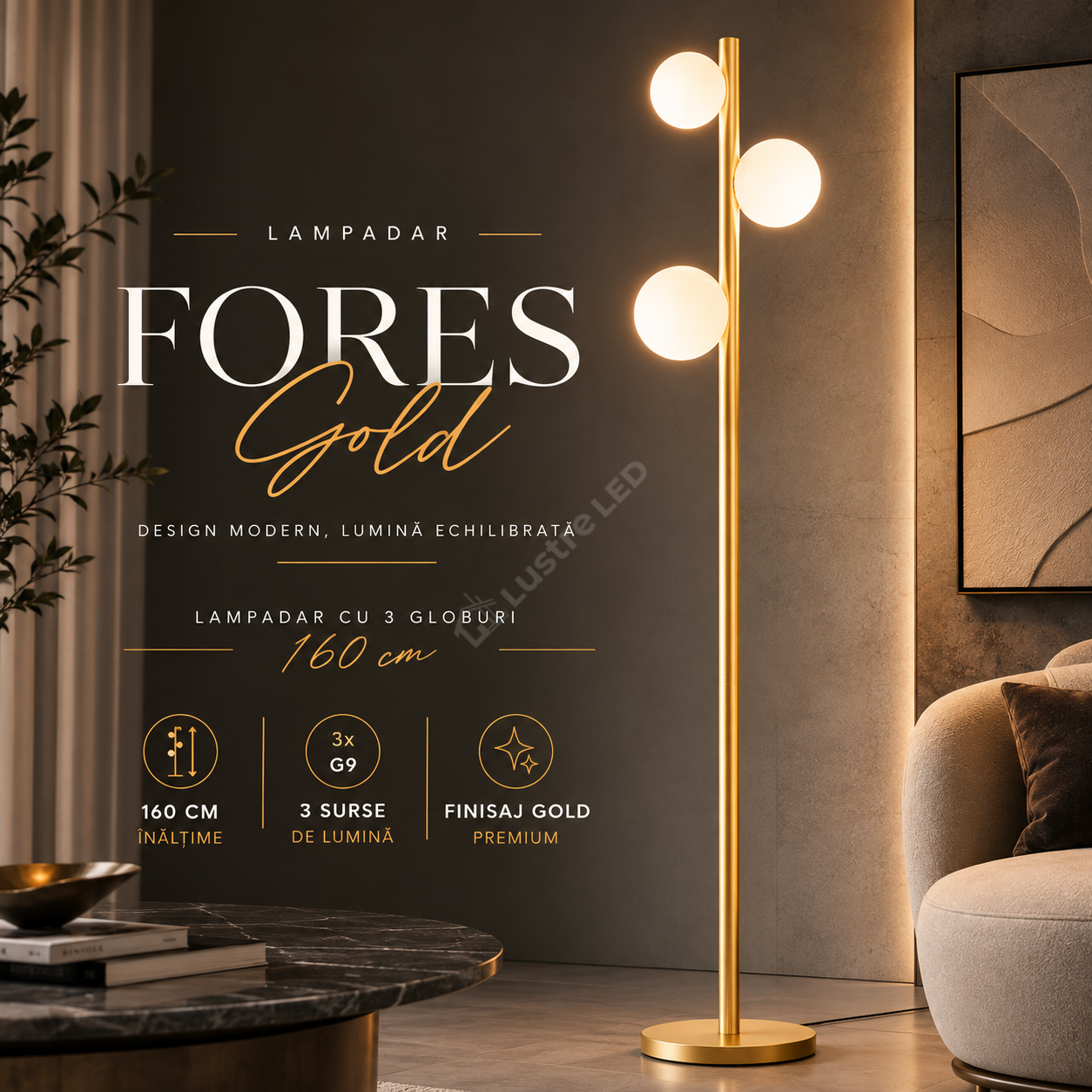 Lampadar FORES Gold cu Abajur 3 Globuri 160CM