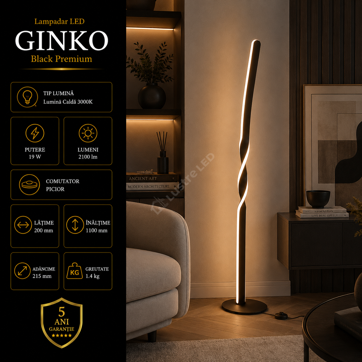Lampadar LED Premium Ginko Black Echivalent 200W | 110CM | 3000K