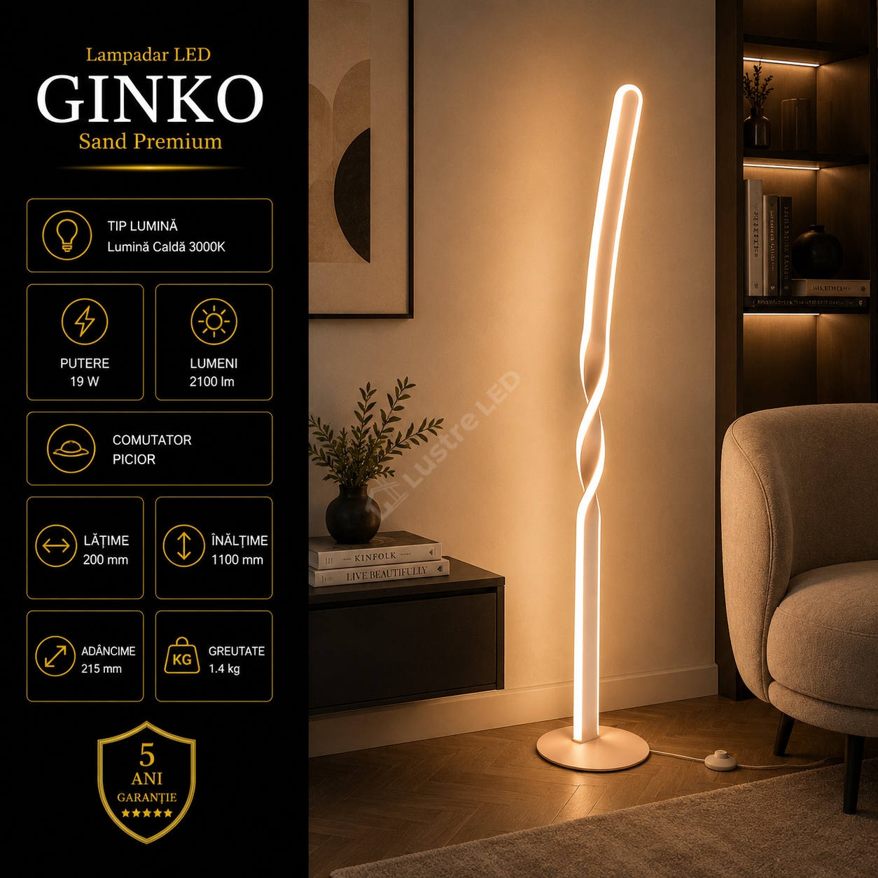 Lampadar LED Premium Ginko Cream Echivalent 200W | 110CM | 3000K