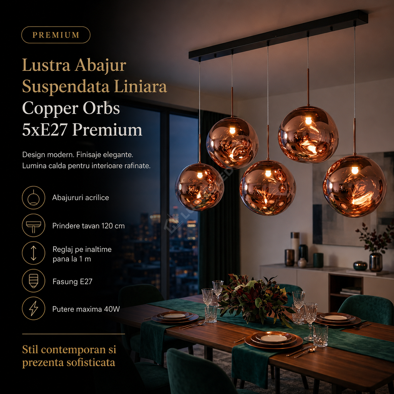 Lustra Abajur Liniara Suspendata Copper Orbs 5xE27 Premium