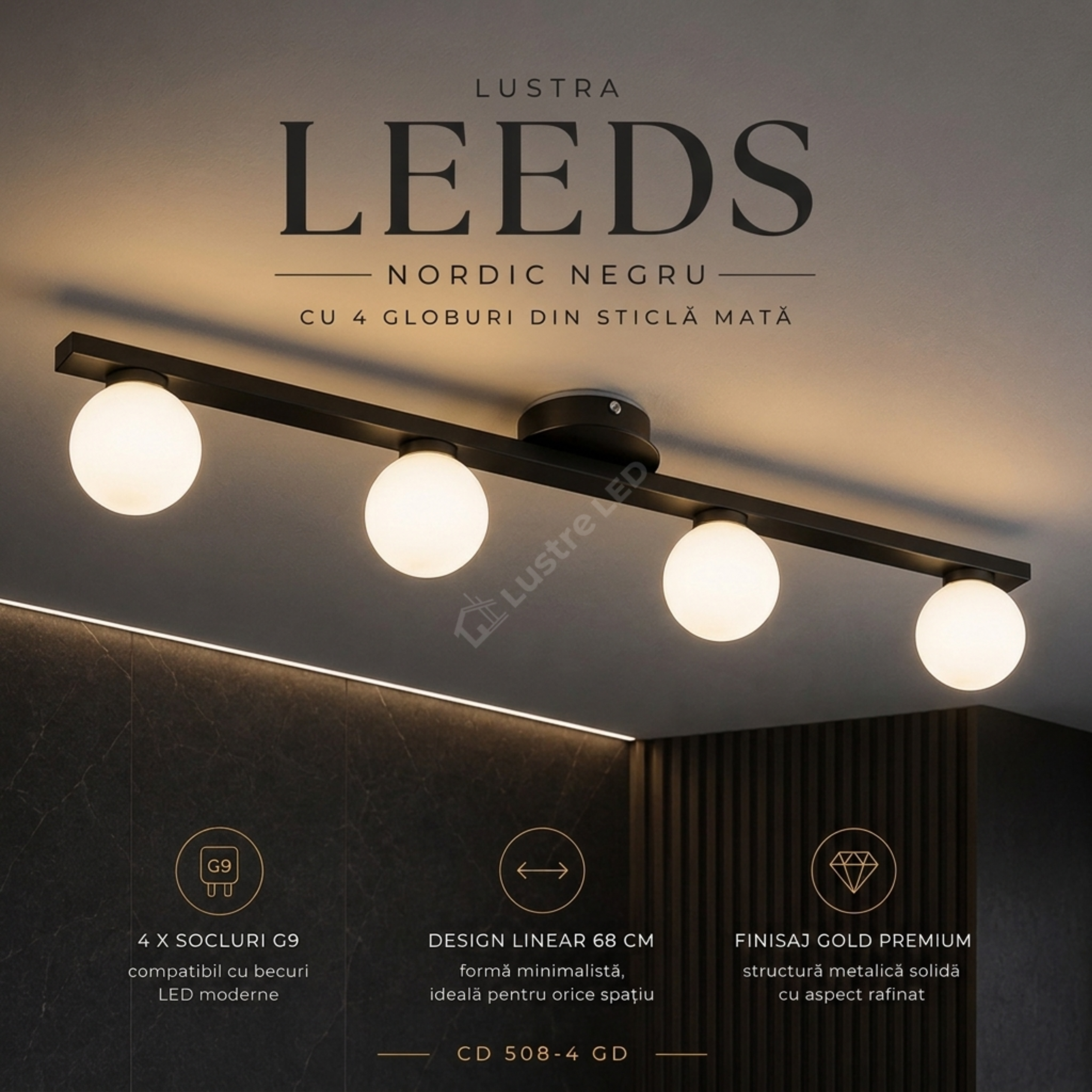 Lustra Abajur MAT LEEDS Nordic 68CM BLACK 4xG9