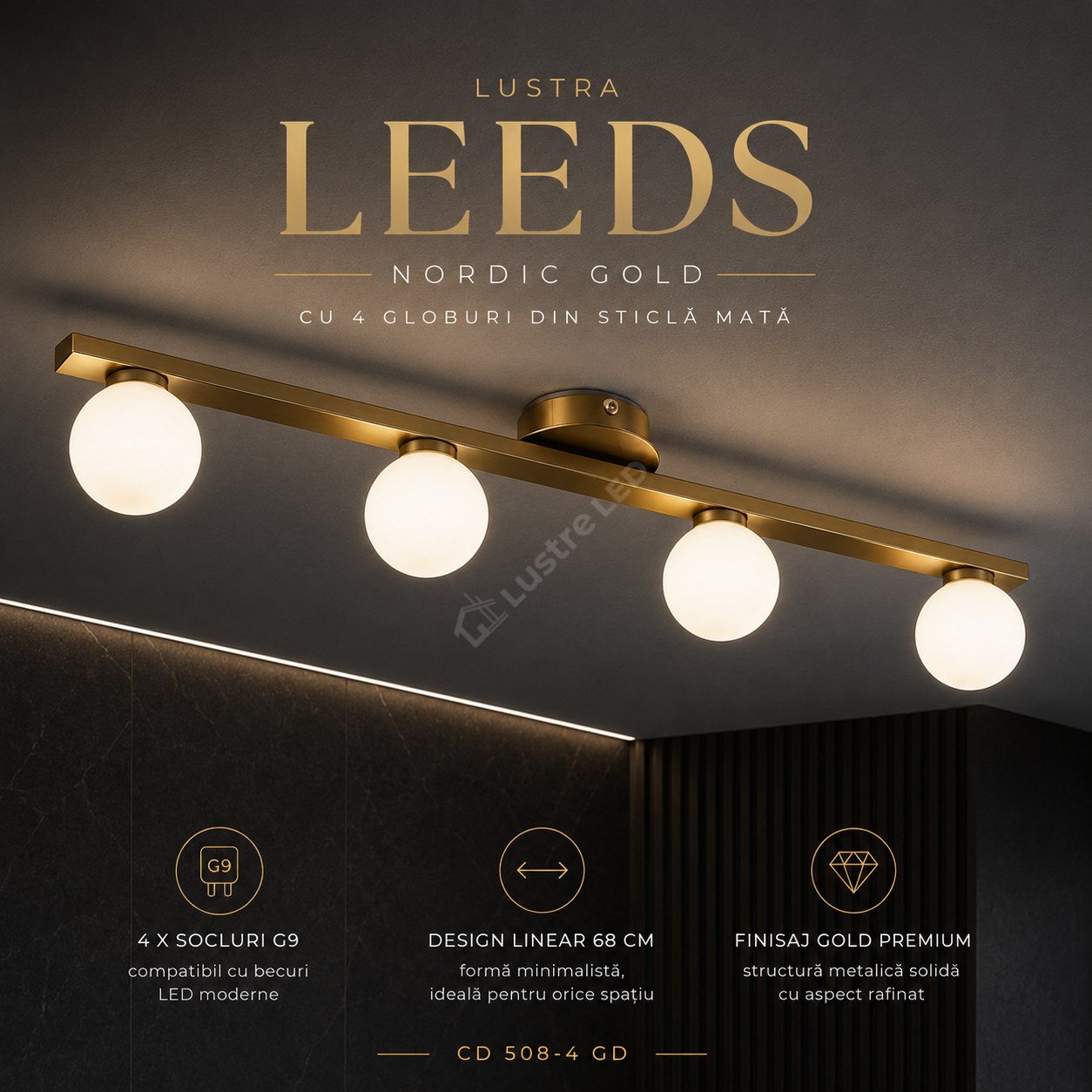Lustra Abajur MAT LEEDS Nordic 68CM GOLD 4xG9