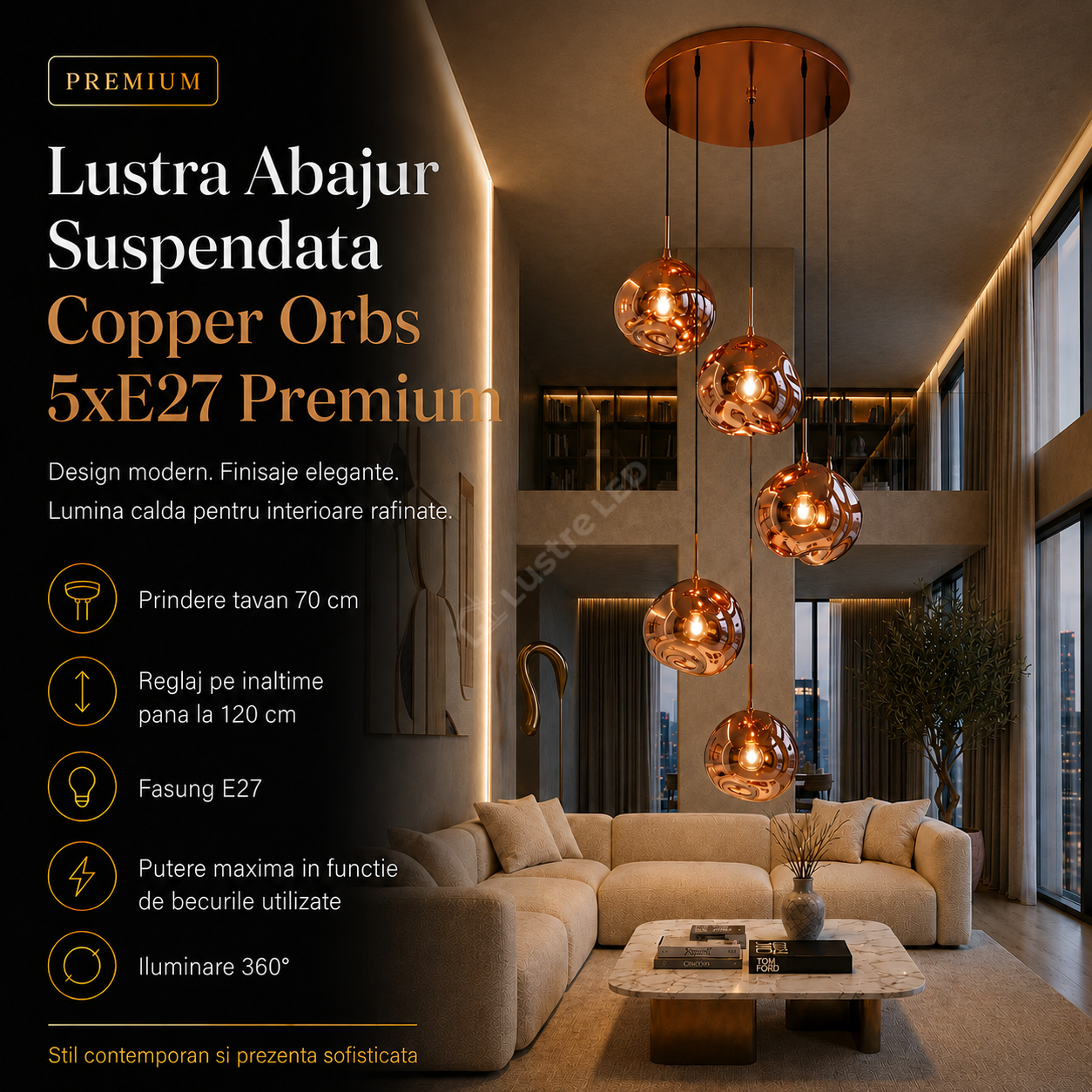 Lustra Abajur Suspendata Copper Orbs 5xE27 Premium