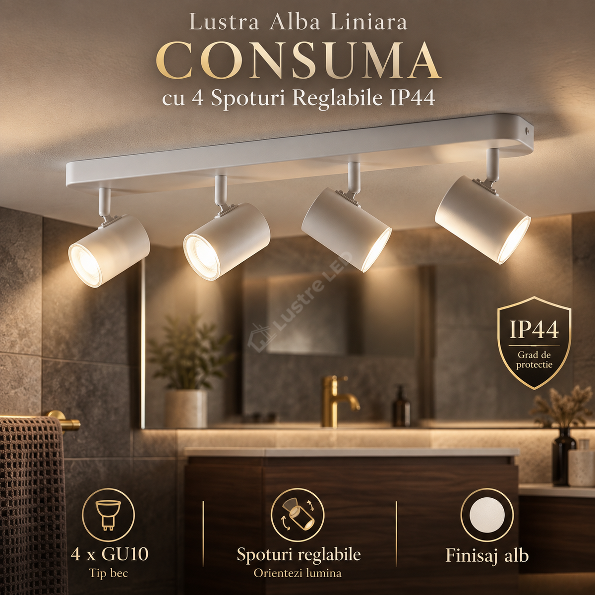 Lustra Alba Liniara CONSUMA cu 4 Spoturi Reglabile IP44