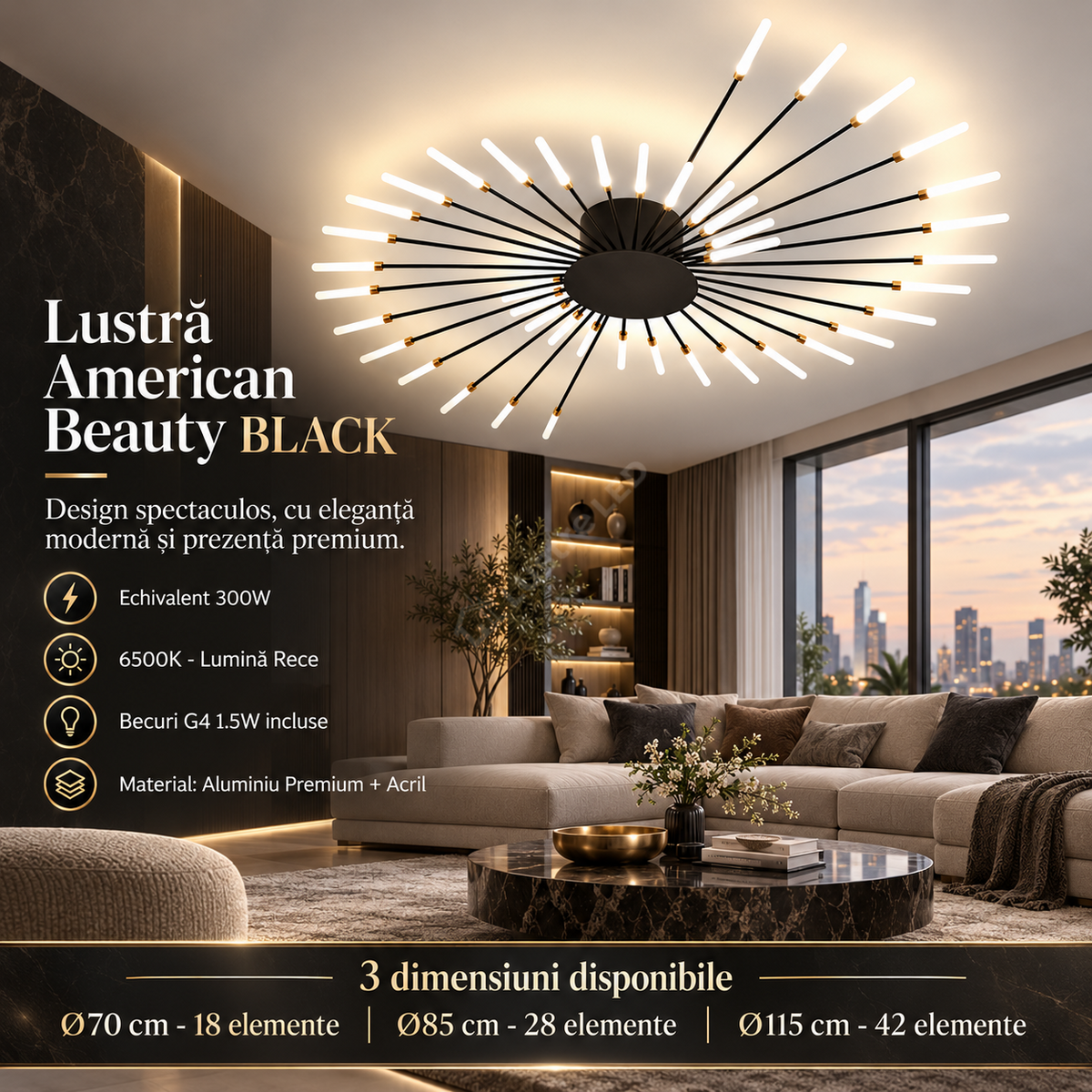 Lustra American Beauty Black Echivalent 300W 6500K