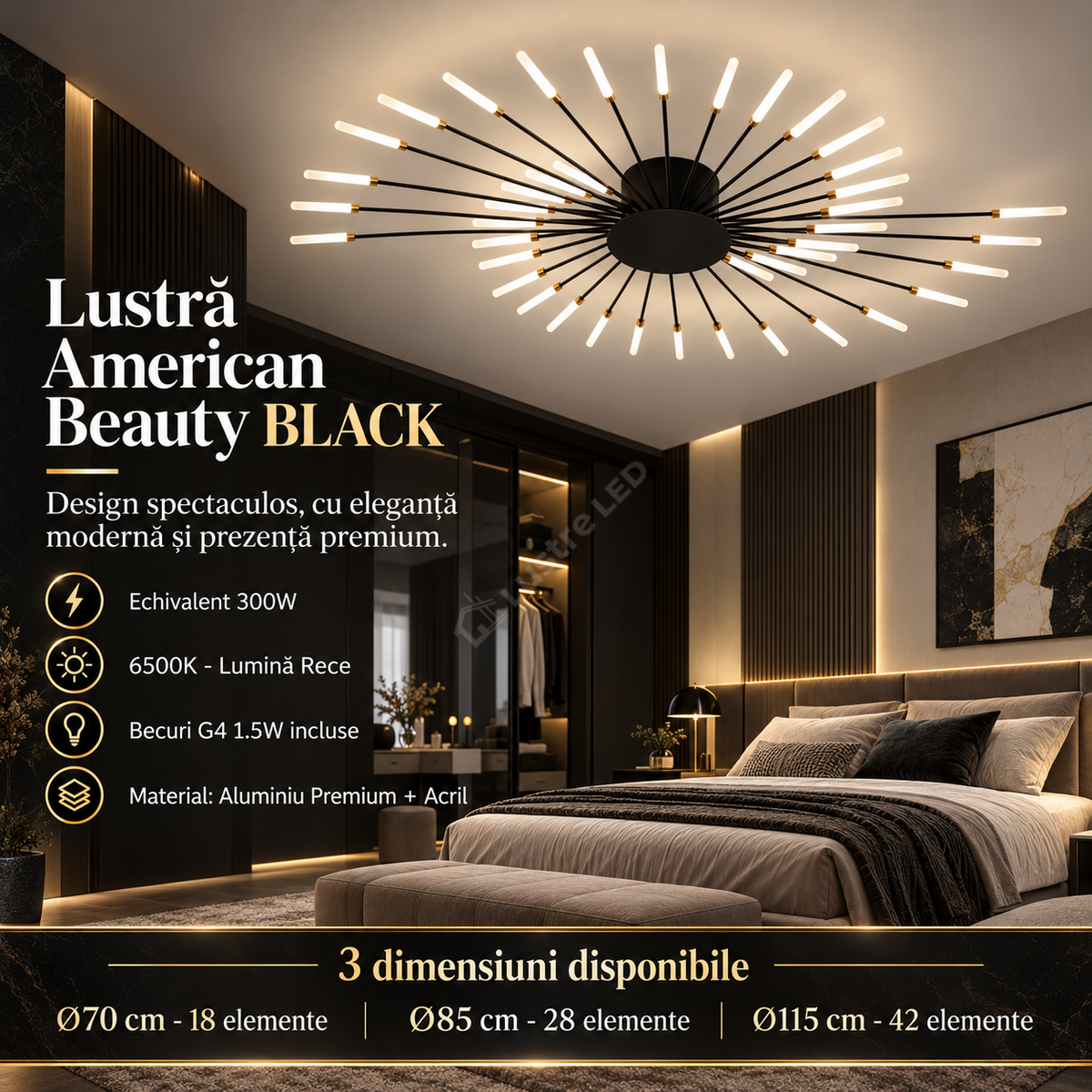 Lustra American Beauty Black Echivalent 300W 6500K