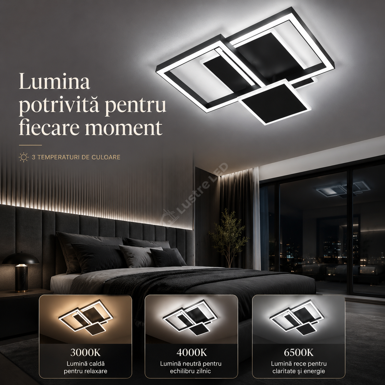 Lustra Aplicata BAUHAUS Black Square 50CM Echivalent 450W Telecomanda
