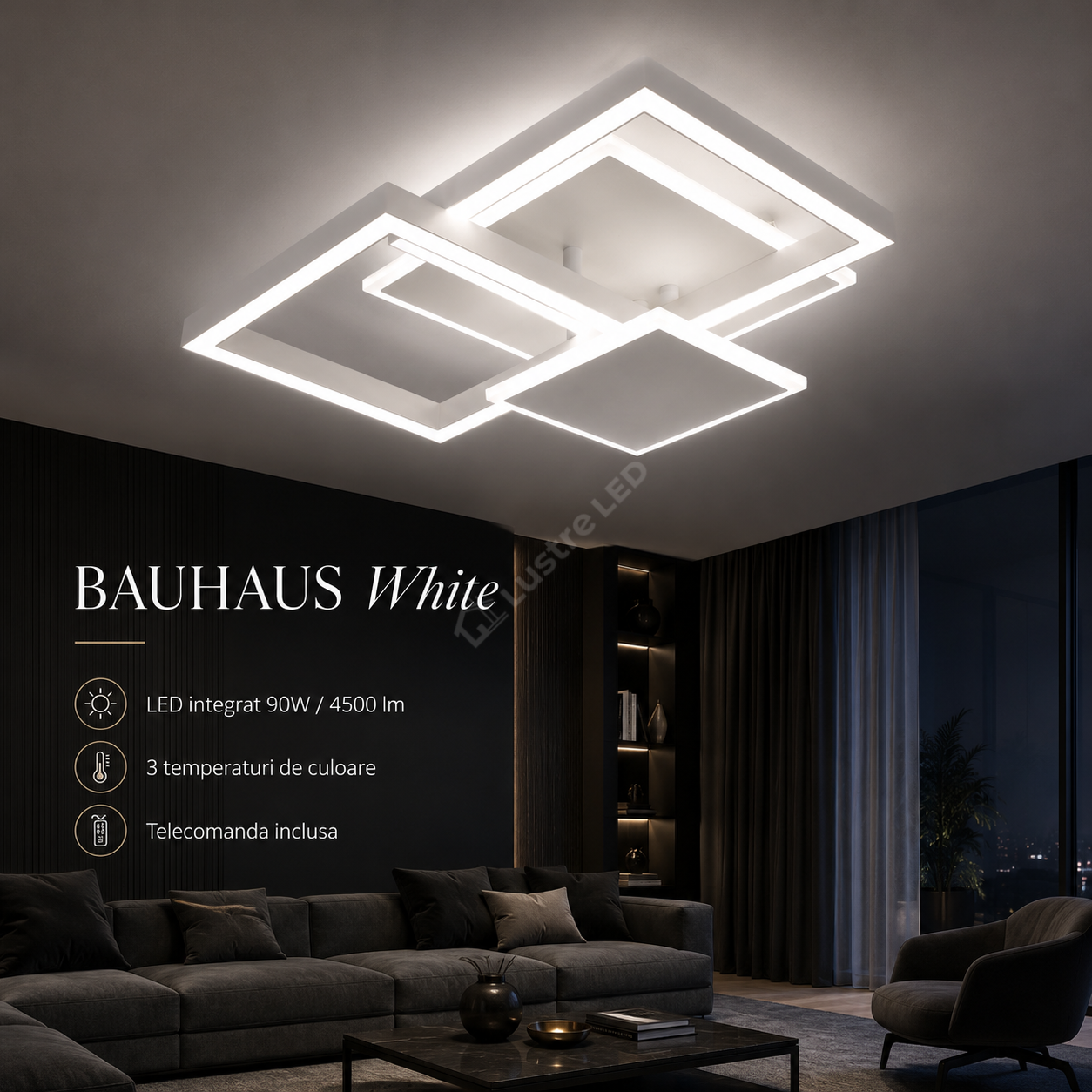 Lustra Aplicata BAUHAUS White Square 50CM Echivalent 450W Telecomanda