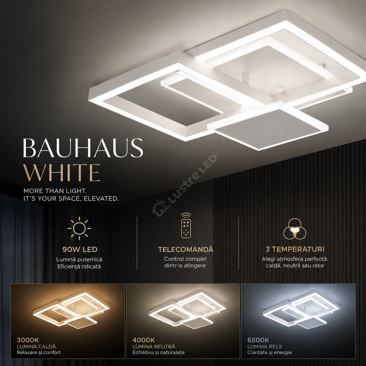 Lustra Aplicata BAUHAUS White Square 50CM Echivalent 450W Telecomanda