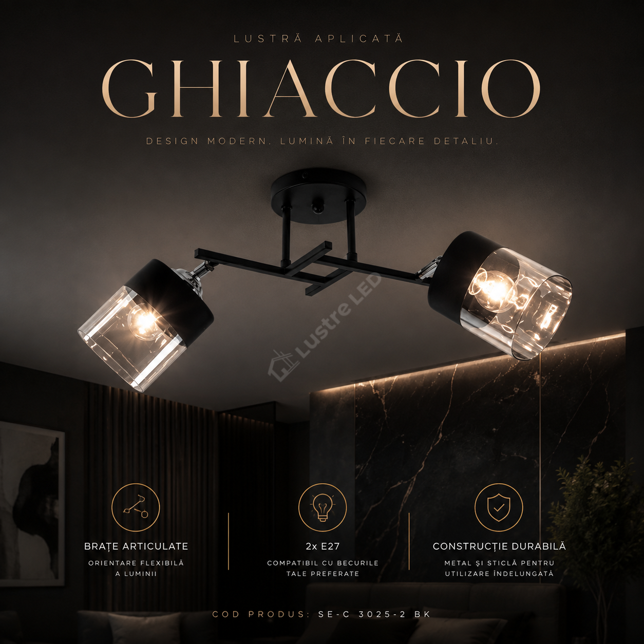 Lustra Aplicata GHIACCIO Black 2xE27 Sticla 46CM