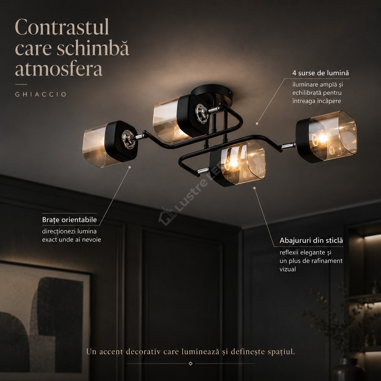 Lustra Aplicata GHIACCIO Black 4xE27 Sticla 57CM