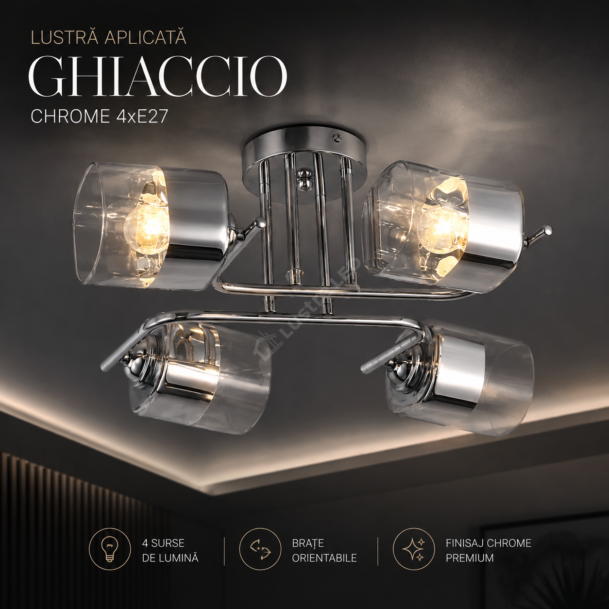 Lustra Aplicata GHIACCIO Chrome 4xE27 Sticla 57CM